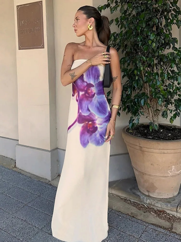 Floral Print Strapless Sexy Maxi Dress For Women Gown Off-shoulder Backless Sleeveless Elegant Long Dress Fashion