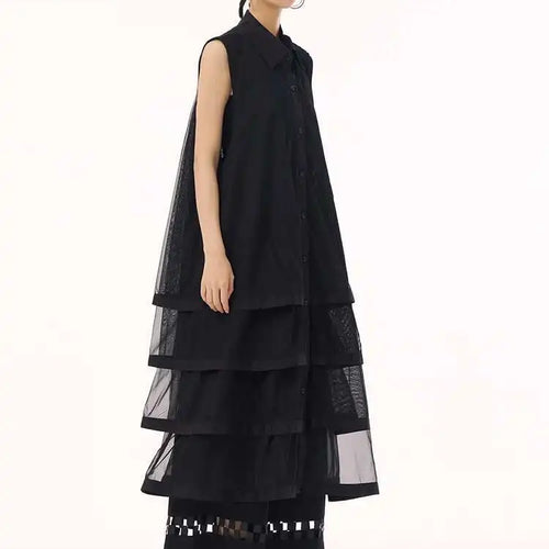 Load image into Gallery viewer, Women Black Layers Mesh Big Size Midi Vest Shirt Dress New Lapel Sleeveless Fashion Tide Spring Summer 2025 1DH9472
