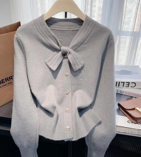 Autumn Winter Solid Elegant V Neck Bow Single Breasted Short Sweater Women's French 2024 New Long Sleeved Slim Knitted Tops Chic