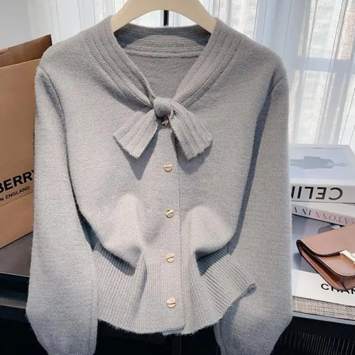 Load image into Gallery viewer, Autumn Winter Solid Elegant V Neck Bow Single Breasted Short Sweater Women's French 2024 New Long Sleeved Slim Knitted Tops Chic
