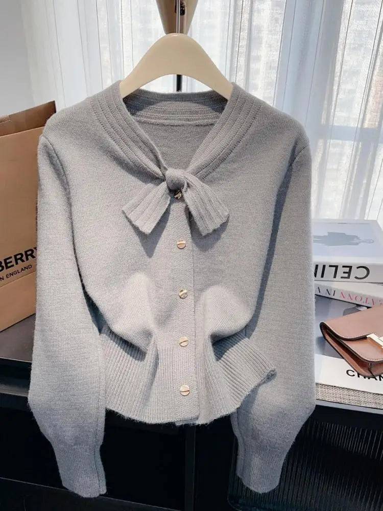 Autumn Winter Solid Elegant V Neck Bow Single Breasted Short Sweater Women's French 2024 New Long Sleeved Slim Knitted Tops Chic