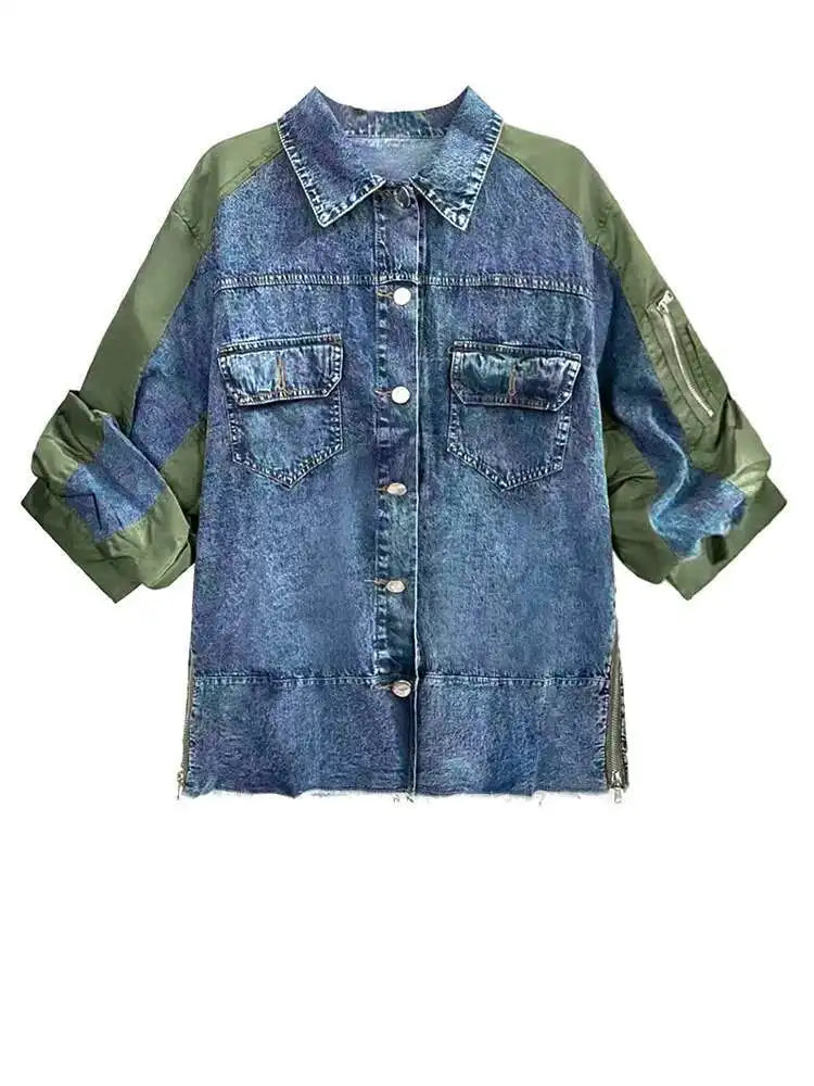 Army Green Color-block Big Size Casual Jacket New Lapel Three-quarter Sleeve Women Coat Fashion Spring Autumn 2025 1DH5212