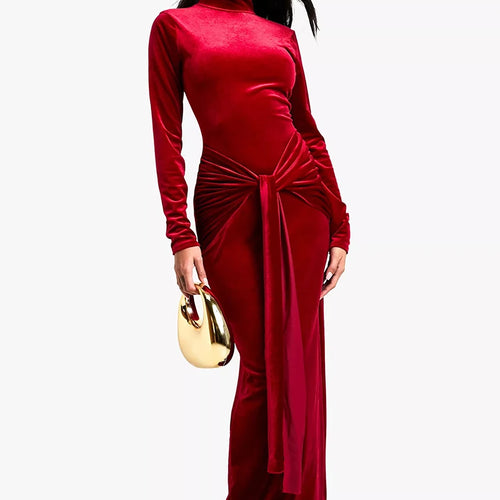 Load image into Gallery viewer, Velvet Long Sleeve Sexy Maxi Dress For Women Autumn Winter New Turtleneck Draped Ruched Bodycon Sexy Long Dress
