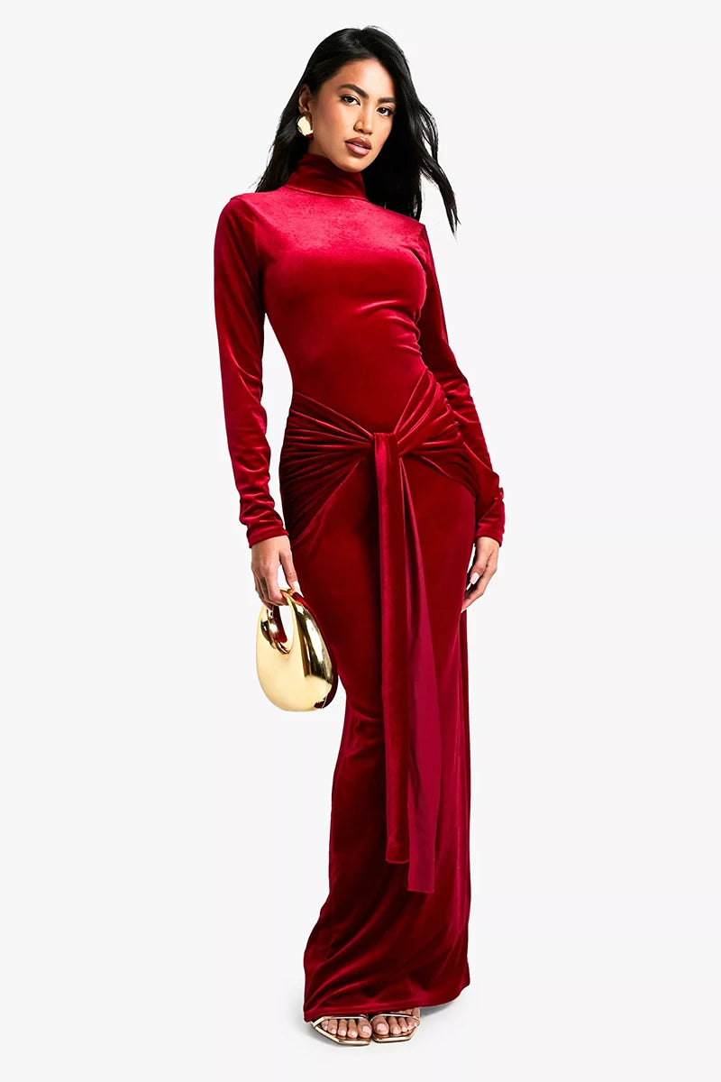 Velvet Long Sleeve Sexy Maxi Dress For Women Autumn Winter New Turtleneck Draped Ruched Bodycon Sexy Long Dress