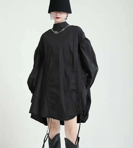 Women Balck Irregular Drawstring Big Size Dress New Stand Collar Long Sleeve Loose Fit Fashion Spring Autumn 2025 1Z18901