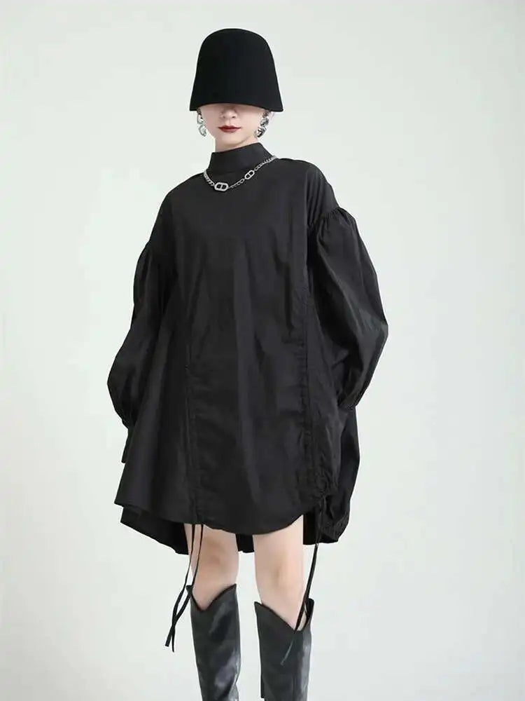 Women Balck Irregular Drawstring Big Size Dress New Stand Collar Long Sleeve Loose Fit Fashion Spring Autumn 2025 1Z18901