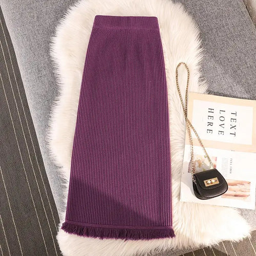 Load image into Gallery viewer, Solid Tassel Split Long Skirts Women Warm Cozy Elegant Casual All-match Korean Elastic Waist A-line Knitted Wrap Hip Skirt Trend
