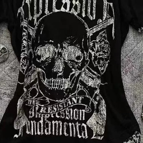 Load image into Gallery viewer, Y2k Aesthetics Irregular Leopard Patchwork Vintage T-shirt Streetwear Skull Printing Tshirt Harajuku Slim Fit Fairy Grunge Tops
