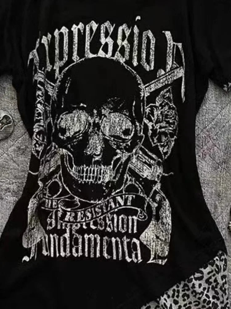 Y2k Aesthetics Irregular Leopard Patchwork Vintage T-shirt Streetwear Skull Printing Tshirt Harajuku Slim Fit Fairy Grunge Tops