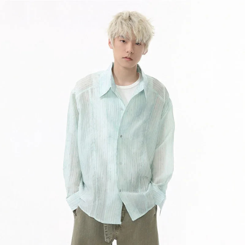 Men's Shirts New Summer Korean Turn-down Collar Casual Style Stripe Tie Dyeing Long Sleeve Trendy Male Shirt 9W1595