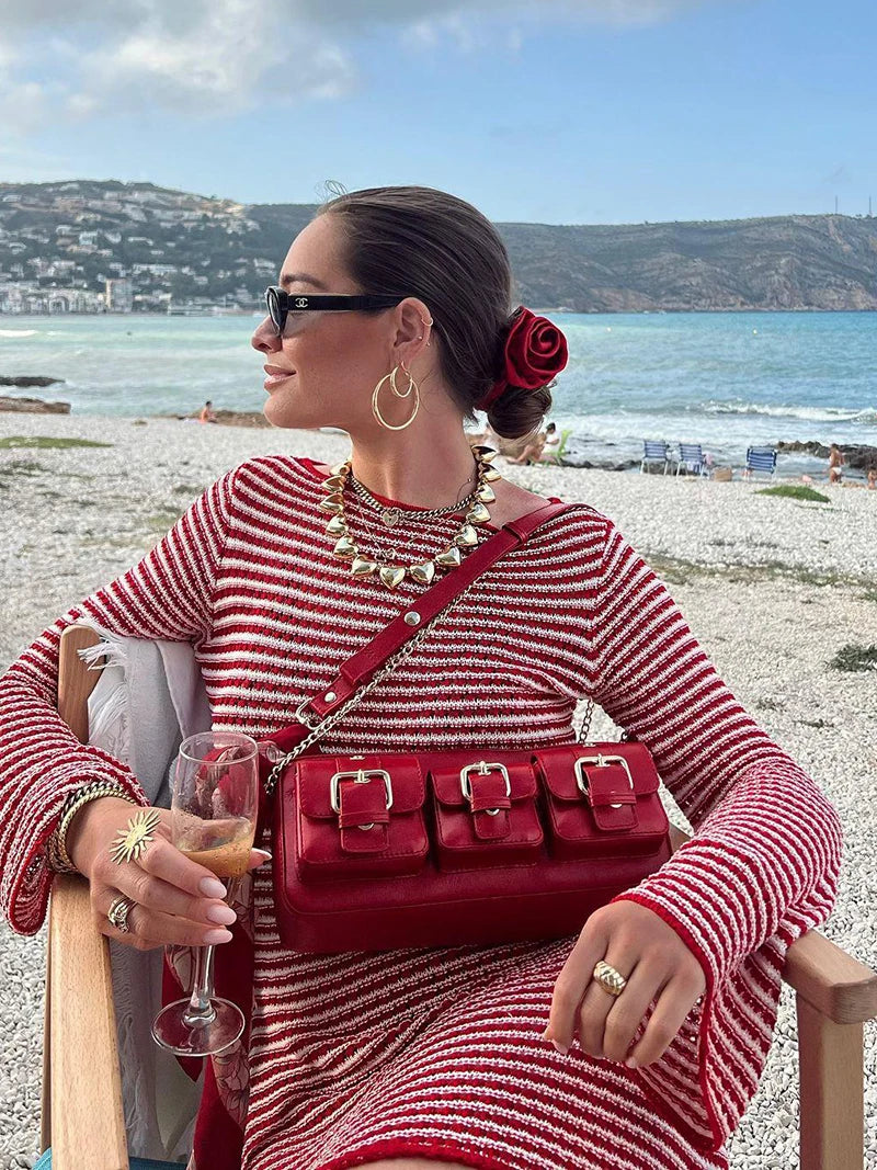 Striped Knit Mini Dress For Women Autumn Winter New O Neck Long Sleeve Contrast Color High Waist Beach Sexy Dress New