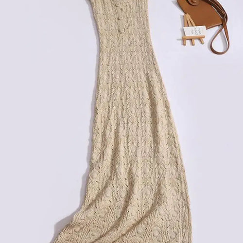 Load image into Gallery viewer, Summer French Beige Elegant Hollow Out Button Knitted Long Dress Women Fashion Temperament Sleeveless Backless Dress 2024 Simple
