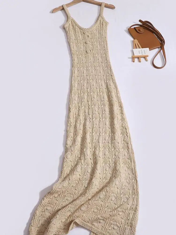 Summer French Beige Elegant Hollow Out Button Knitted Long Dress Women Fashion Temperament Sleeveless Backless Dress 2024 Simple