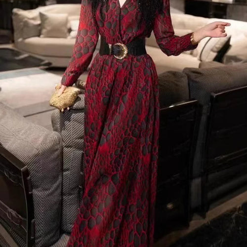 Load image into Gallery viewer, Hit Color Spliced Belt Slimming Dresses For Women V Neck Long Sleeve High Waist Temperament Dress Female Fashion
