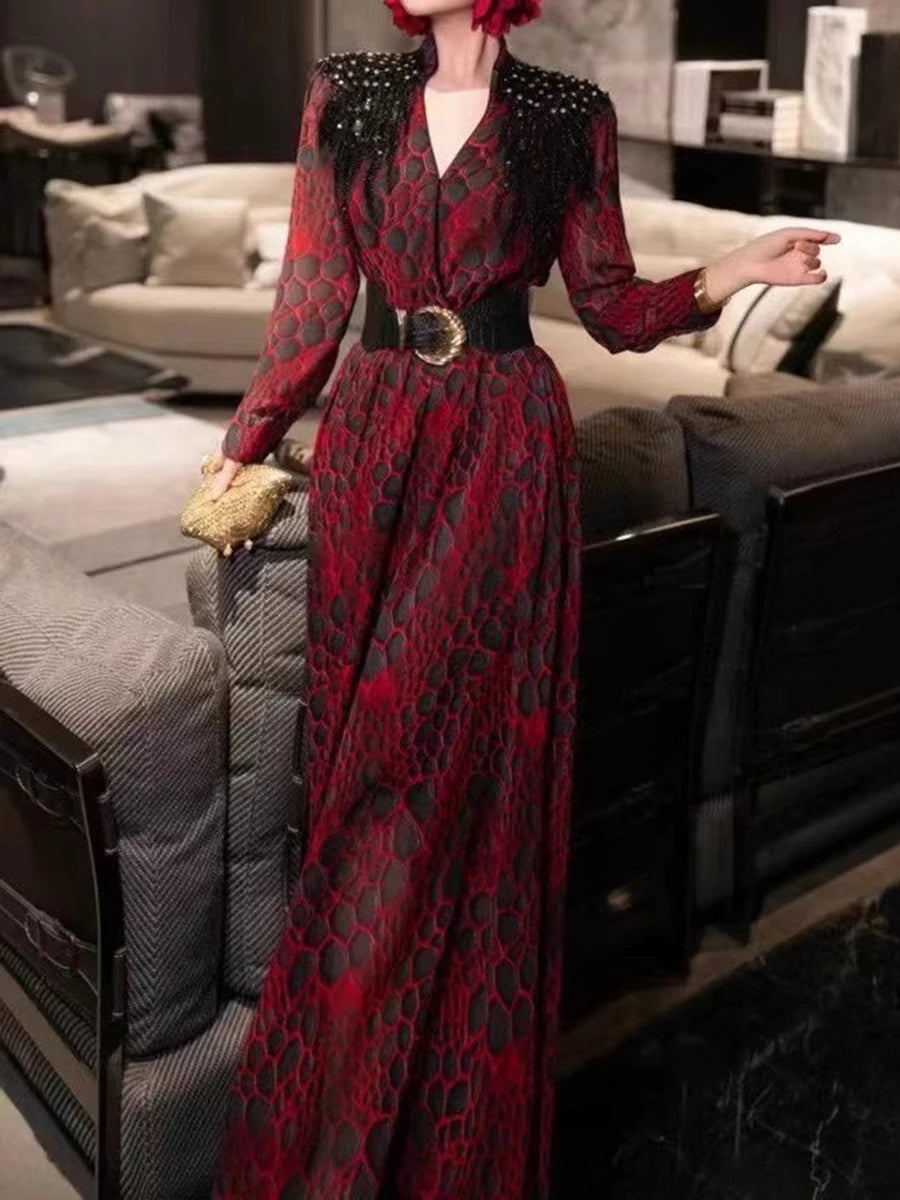 Hit Color Spliced Belt Slimming Dresses For Women V Neck Long Sleeve High Waist Temperament Dress Female Fashion