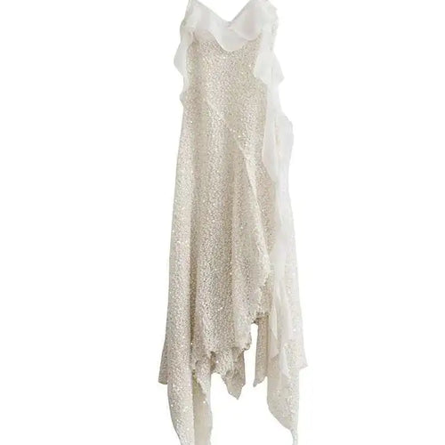 Load image into Gallery viewer, Women Beige Burr Perspective Sequins Irregular Long Spaghetti Strap Dress New Fashion Tide Spring Autumn 2025 1DH4725

