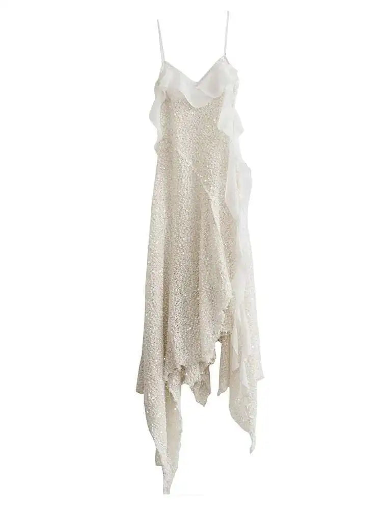 Women Beige Burr Perspective Sequins Irregular Long Spaghetti Strap Dress New Fashion Tide Spring Autumn 2025 1DH4725