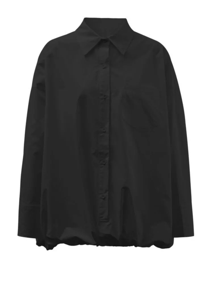 Women White Hem Elastic Big Size Elegant Blouse New Lapel Long Sleeve Shirt Fashion Tide Spring Autumn 2025 CPDB215