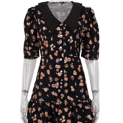 Load image into Gallery viewer, Short Sleeve Floral Mini Dress For Women Robe Turn-down Collar Elegant French Dress Ladies Fashion High Waist Dresses
