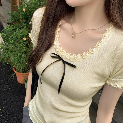 Load image into Gallery viewer, Y2k Aesthetic Summer Apricot Sweet Bow Tees 2025 Vintage Knitted Ruffled Fairy Tshirts Women Harajuku Grunge Slim Fit Thin Tops
