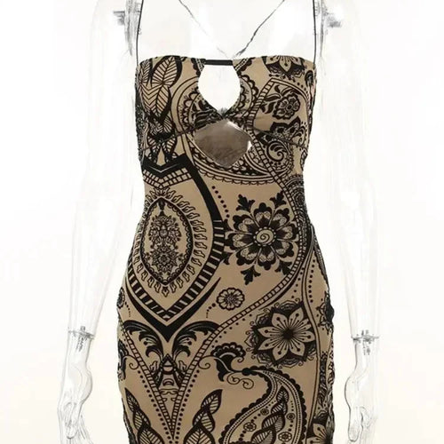 Load image into Gallery viewer, Sexy Hollow Out Backless Spaghetti Strap Mini Dress Vintage Print Bodycon Short Dresses 2023 Fashion Women C66-CC14
