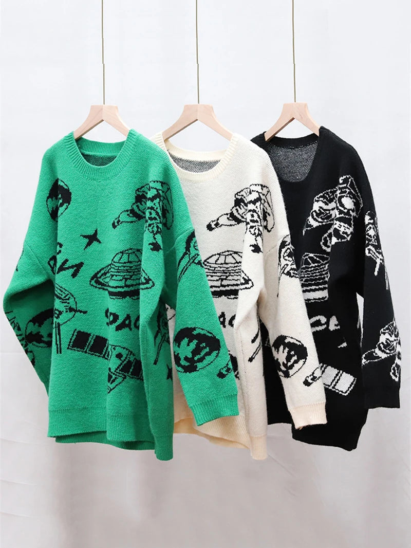 Hip Hop Streetwear Harajuku Oversized Sweater Vintag Retro Jumper UFO Knitted Jumper 2022 Thicken Warm  Pullover C-099