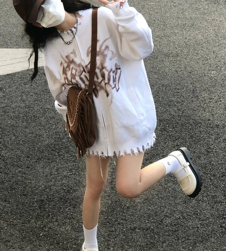 Y2k Cardigan Women Ripped Oversized Jumper Vintage Tie Dye Letter Knitted Zipper Sweater Jackets Harajuku Streetwear