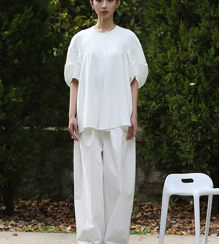 Women White Big Size Irregular Casual T-shirt New Round Neck Half Lantern Sleeve Fashion Tide Spring Summer 2025 1DJ1714