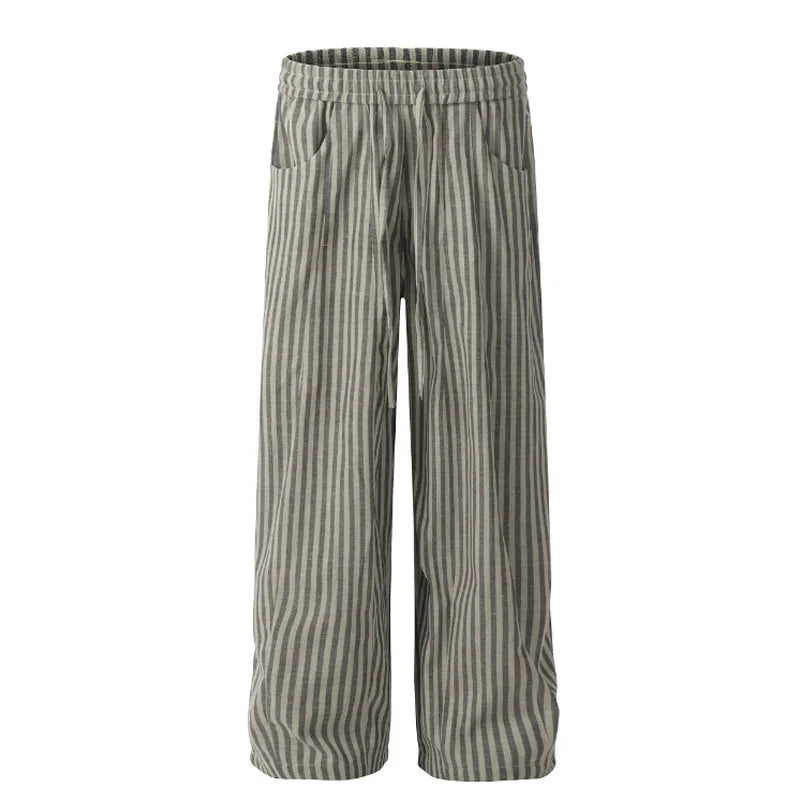 Autumn Casual Pants Striped Loose Drawstring Men's Pockets Elastic Waist Straight Wide Leg Male Trousers Fashion 9C8815