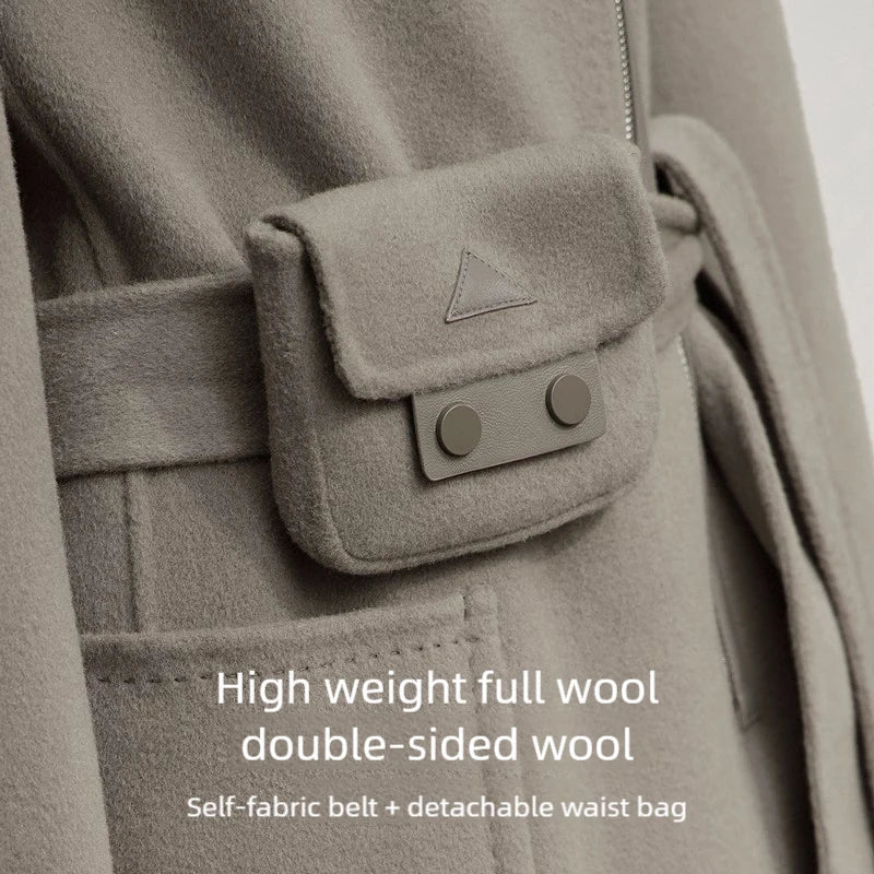 100% Wool Women's Jacket Coat 2025 Winter New Long Zipper Woolen Coat Woman With Belt Double-sided Tweed Jacket 12544007