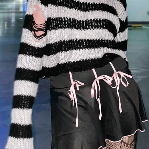 Load image into Gallery viewer, Striped Women's Crop Sweater Punk Streetwear Korean Style Hole Thin Knitted  Gothic Long Sleeve Y2k Pullover
