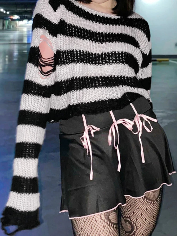 Striped Women's Crop Sweater Punk Streetwear Korean Style Hole Thin Knitted  Gothic Long Sleeve Y2k Pullover