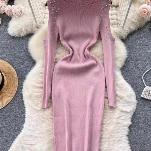Load image into Gallery viewer, Autumn Elegant Half High Neck Long Sleeves Hollow Out Diamonds Hip Wrap Dress 2023 Fashion Slim Knitted Midi Dress French Simple

