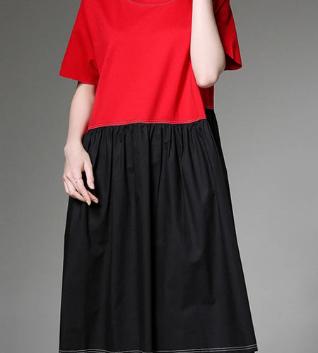 Women Black Red Color-block Big Size Knee Length Dress New Round Neck Short Sleeve Fashion Tide Spring Summer 2025 1DJ1509