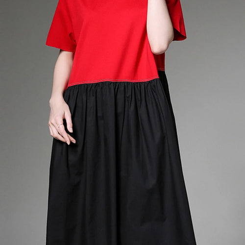 Load image into Gallery viewer, Women Black Red Color-block Big Size Knee Length Dress New Round Neck Short Sleeve Fashion Tide Spring Summer 2025 1DJ1509
