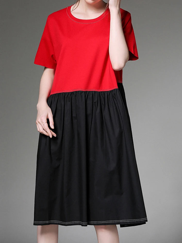 Women Black Red Color-block Big Size Knee Length Dress New Round Neck Short Sleeve Fashion Tide Spring Summer 2025 1DJ1509