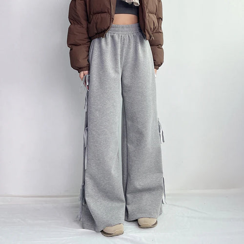 Load image into Gallery viewer, Casual Loose Grey Sweatpants Side Tie-Up Folds Sporty Chic Women Trousers Oversized Straight Leg Joggers Preppy Style
