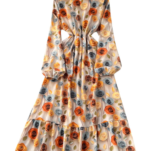 Load image into Gallery viewer, Vintage Women Yellow Flower Elegant Round Neck High Waist Party Dresses French Long Sleeve Slim Vacation Dress 2025 Autumn Boho
