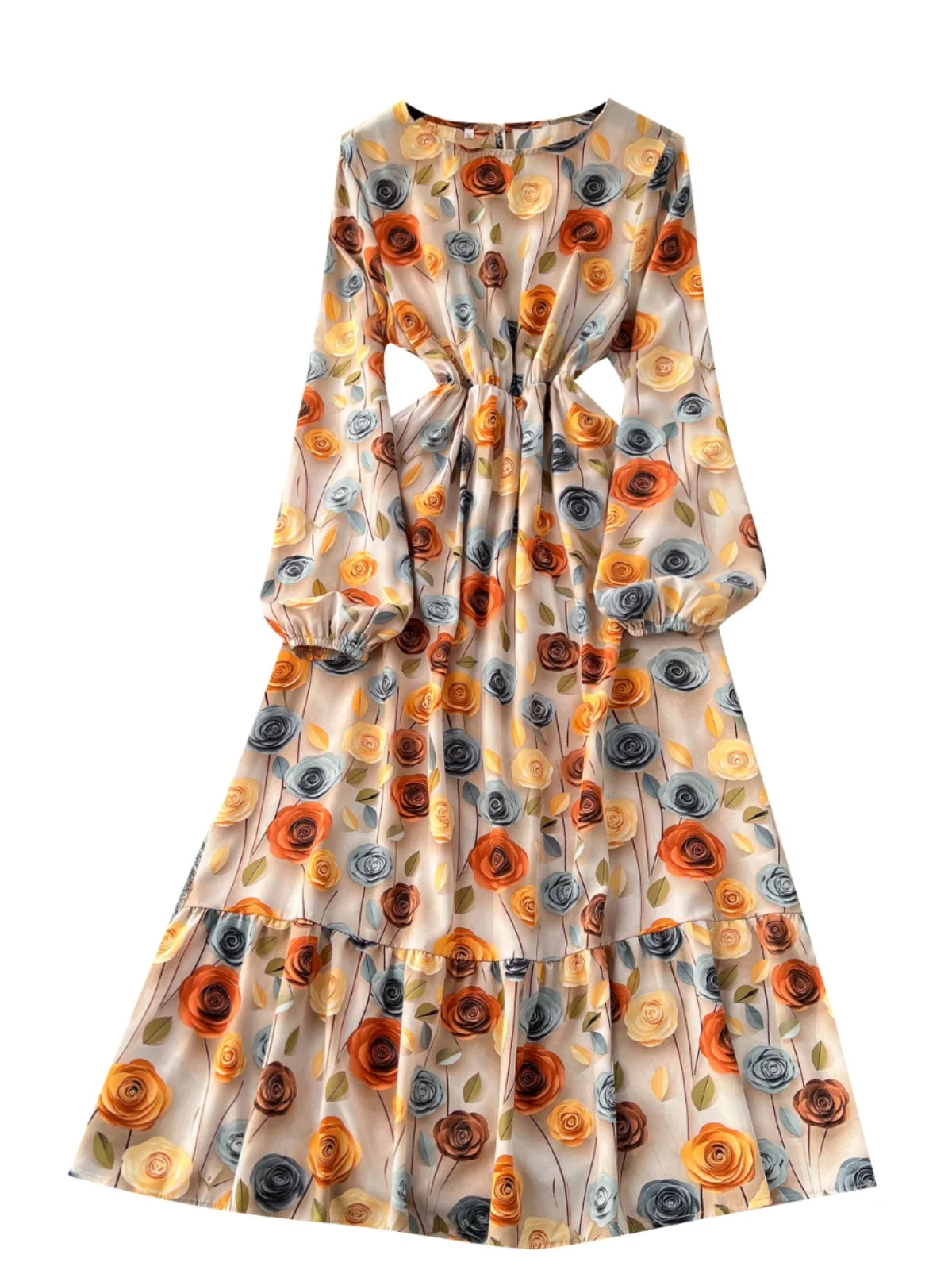 Vintage Women Yellow Flower Elegant Round Neck High Waist Party Dresses French Long Sleeve Slim Vacation Dress 2025 Autumn Boho