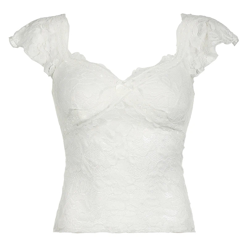 y2k Vintage Fashion White Lace T-shirts for Women Transparent Sexy Bow Sweet Kawaii French Korean Cropped Tops Party