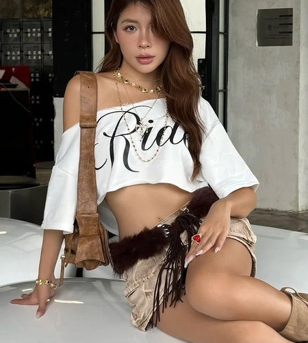 Loose Letter Print Mini t-Shirt Women Summer Trend Biased Collar Versatile Street Skinny Simple Classic Party Daily Tops