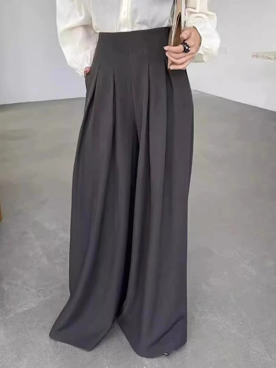 Solid Loose Spliced Folds Casual Pants for Women High Wasit Temperament Wide Leg Pant Female Fashion Clothing New