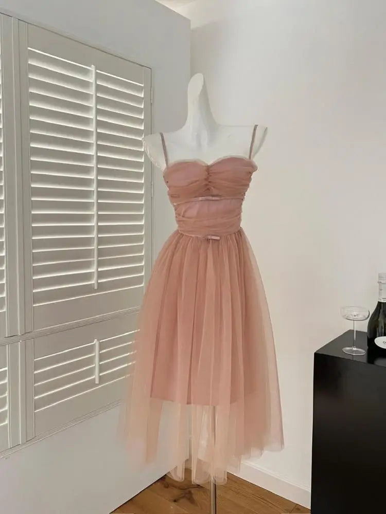 French Vintage Women Silver Pink Mesh Elegant Sexy Club Backless Pleated Slip Long Dress 2025 Summer Sleeveless Slim Party Dress