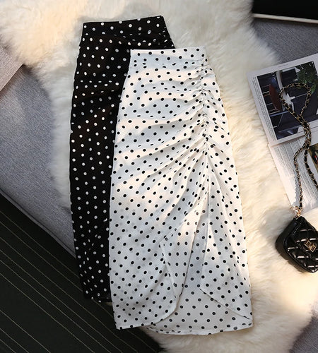 High Waist Skirts Women Side Slit Pleated Design Medium Long Wave Point Chiffon Skirt Female 2023 Summer Hip Wrap Skirt