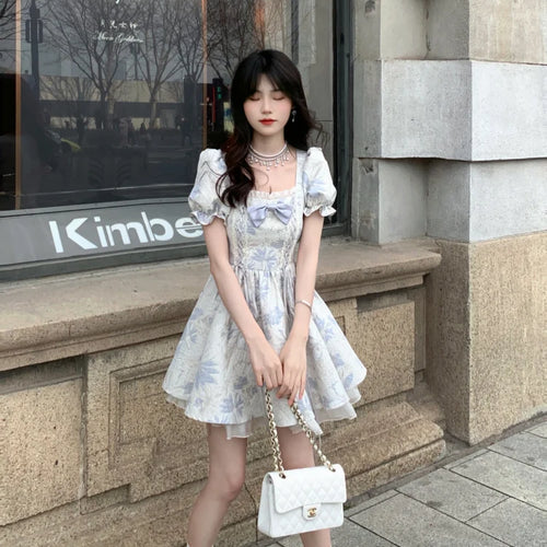 Load image into Gallery viewer, Sweet Kawaii Cute Lolita Dress Floral Flower Print Bandage Vintage Puff Sleeve Mori Mini Short Dresses Party Summer
