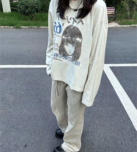 Long Sleeve T-Shirts Vintage Letter Print Japanese Harajuku Women Clothing Y2k Grunge Tops Loose Casual Tees Streetwear Female