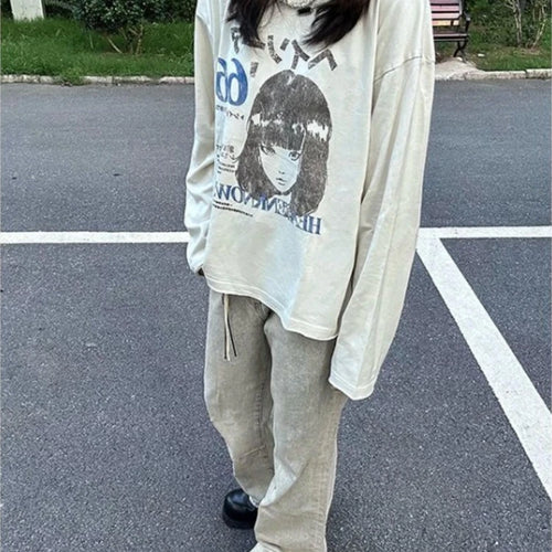 Load image into Gallery viewer, Long Sleeve T-Shirts Vintage Letter Print Japanese Harajuku Women Clothing Y2k Grunge Tops Loose Casual Tees Streetwear Female
