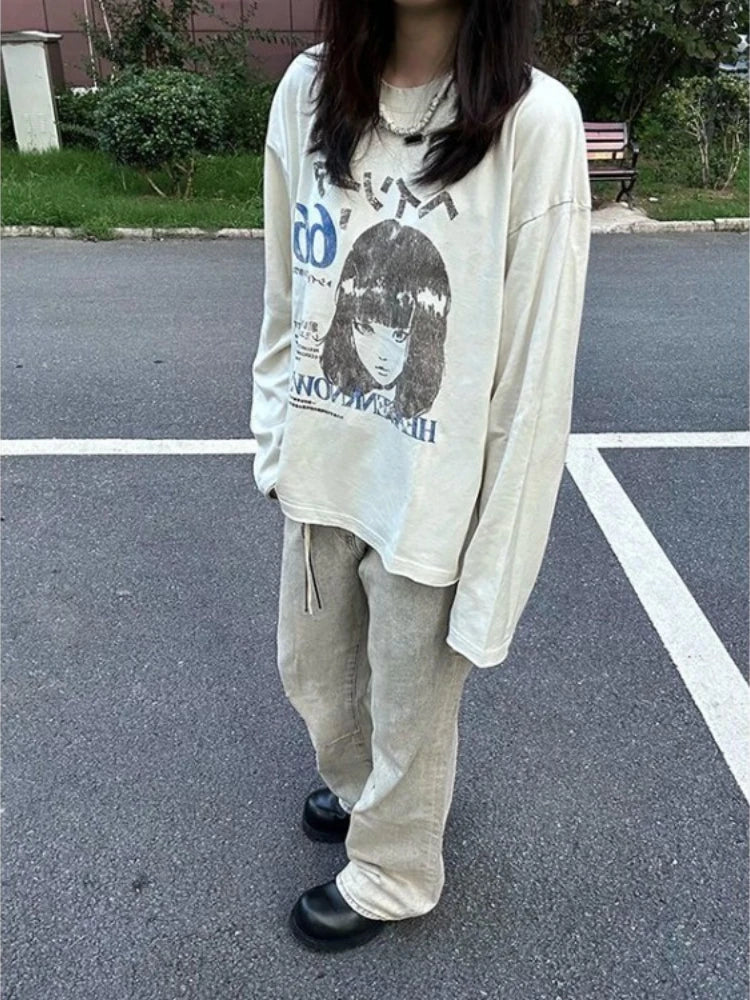 Long Sleeve T-Shirts Vintage Letter Print Japanese Harajuku Women Clothing Y2k Grunge Tops Loose Casual Tees Streetwear Female