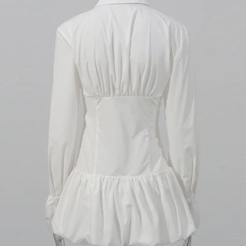 Load image into Gallery viewer, White Fold Design Dress Female Lapel Long Sleeve High Waist Slim Mini Flower Bud Dresses For Women Autumn New 2025
