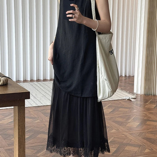 Load image into Gallery viewer, Women Beige Mesh Lace Spliced Elegant Long Vest Dress New Round Neck Sleeveless Fashion Tide Spring Summer 2025 1DJ1216
